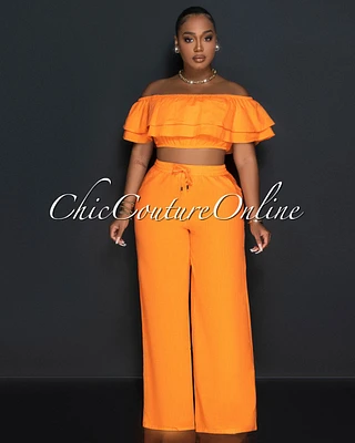 Yuri Orange Ruffle Crop Top & Wide Pants Set