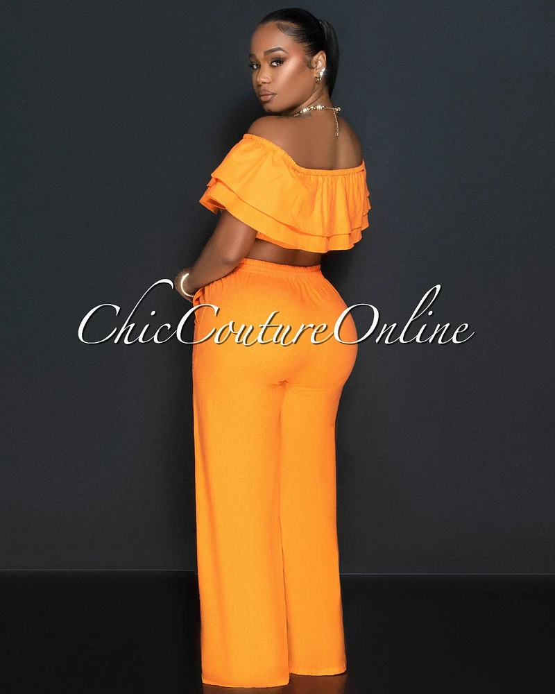 Yuri Orange Ruffle Crop Top & Wide Pants Set