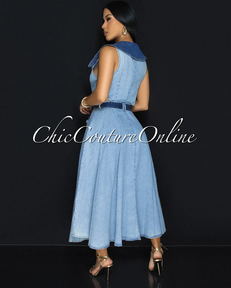 Sidora Light Blue Denim Gold Buttons Midi Dress