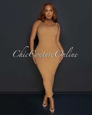 Thia Nude Single Shoulder Ribbed Midi Dress