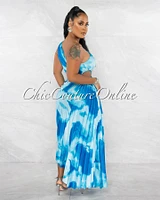 Hilary Blue Print Pleated Single Shoulder Maxi Dress