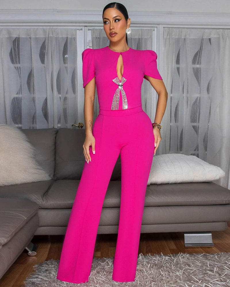 Eleonor Fuchsia Rhinestones Accent Top & Pants Set