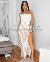 Rachelle White Gold Sequins Feather Bust Bodysuit Maxi Dress