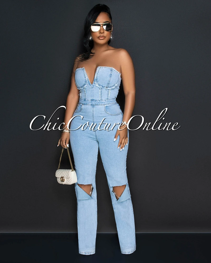 Sonoma Light Denim Silver Link Knee Accent Jumpsuit