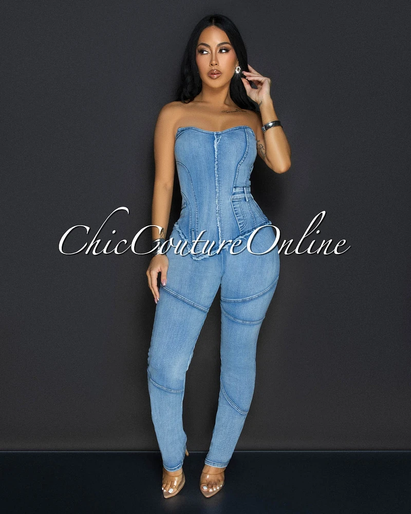 Enova Light Denim Stitched Strapless Jumpsuit