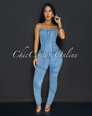 Enova Light Denim Stitched Strapless Jumpsuit