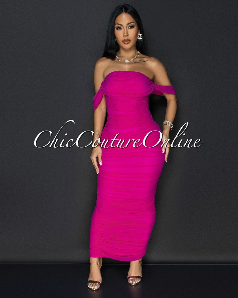 Vella Magenta Mesh Overlay Ruched Off-The Shoulder Dress