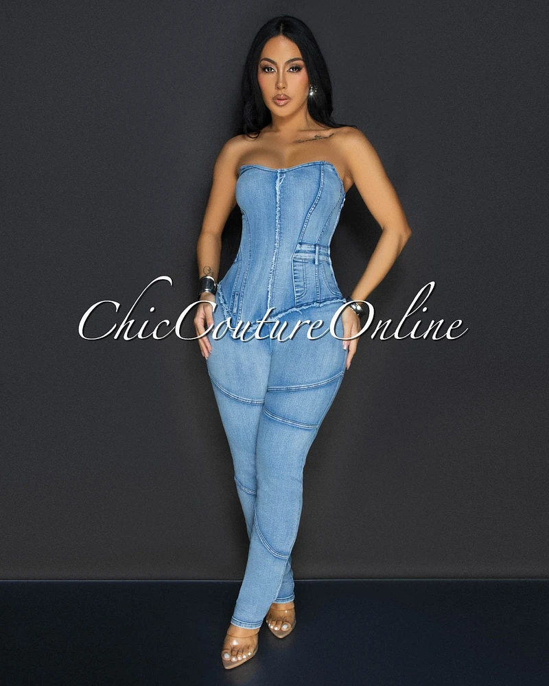 Enova Light Denim Stitched Strapless Jumpsuit