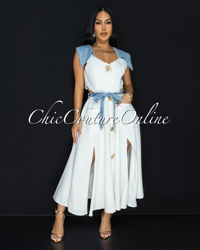 Sidora White Blue Denim Trim Gold Buttons Midi Dress