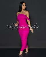 Vella Magenta Mesh Overlay Ruched Off-The Shoulder Dress