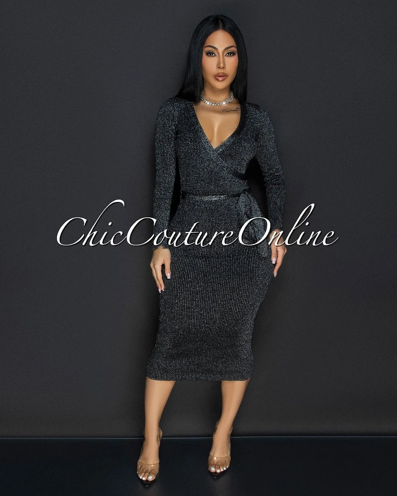 Eleanor Black Silver Shimmer Ribbed Midi Dress