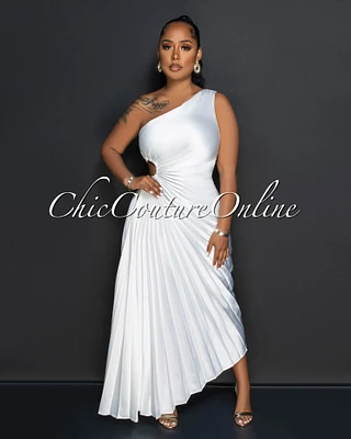 *Lorencia Off-White Pleated Single Shoulder Maxi Dress