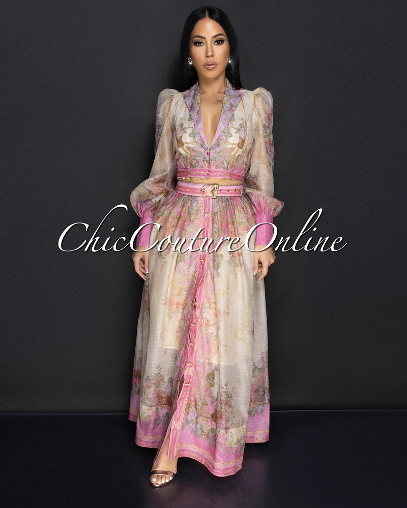 Mimu Pink Nude Floral Blouse & Belted Long Skirt Set