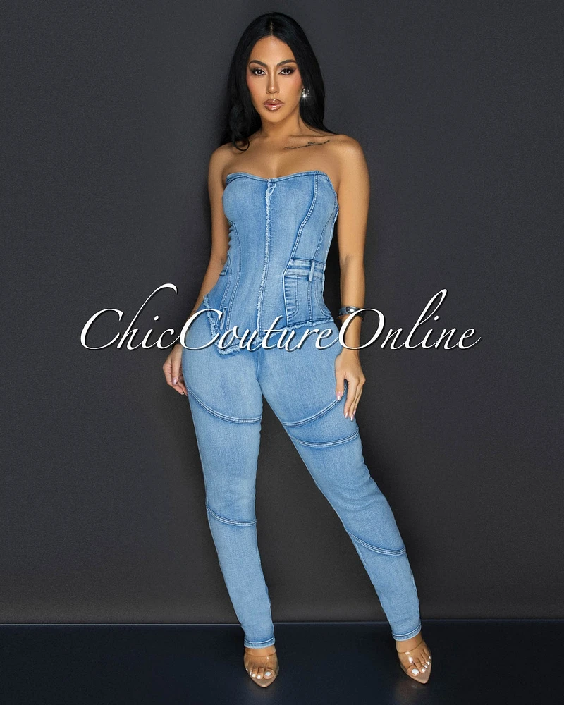 Enova Light Denim Stitched Strapless Jumpsuit