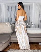 Rachelle White Gold Sequins Feather Bust Bodysuit Maxi Dress