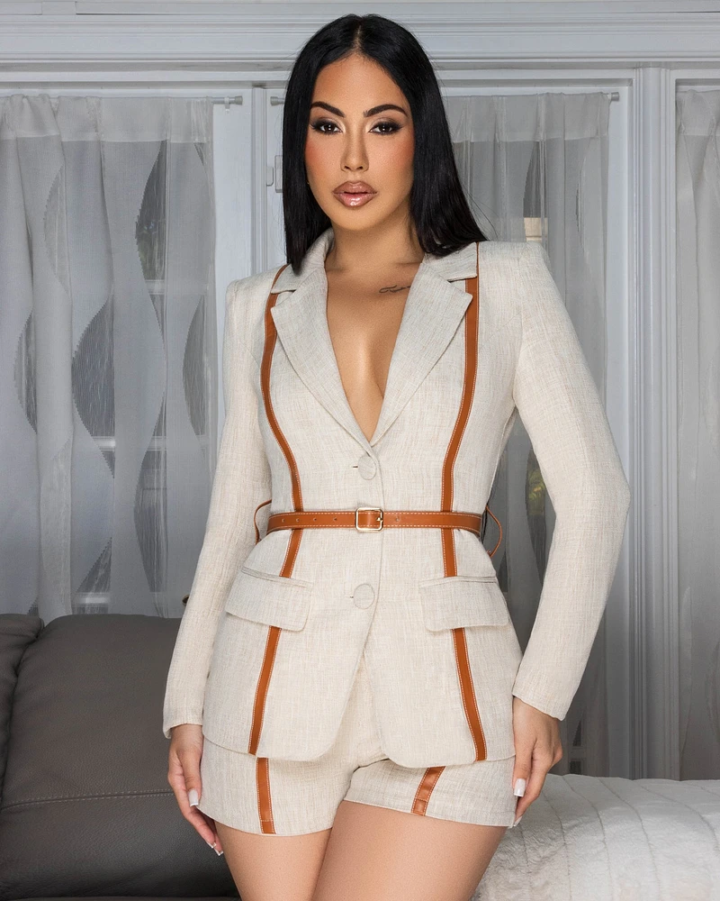 Delaney Nude Linen Mocha Trim Shorts LUXE Set
