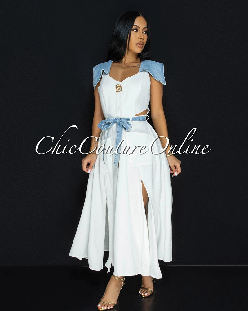 Sidora White Blue Denim Trim Gold Buttons Midi Dress