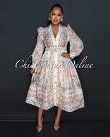 Deanna Cream Print Gold Embellishments Belt Midi Dress