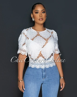 *Indore Off-White Crochet Eyelet Crop Top