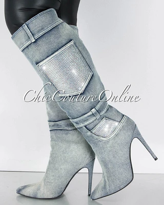 *Jacquie Washed Denim Rhinestones High Boots