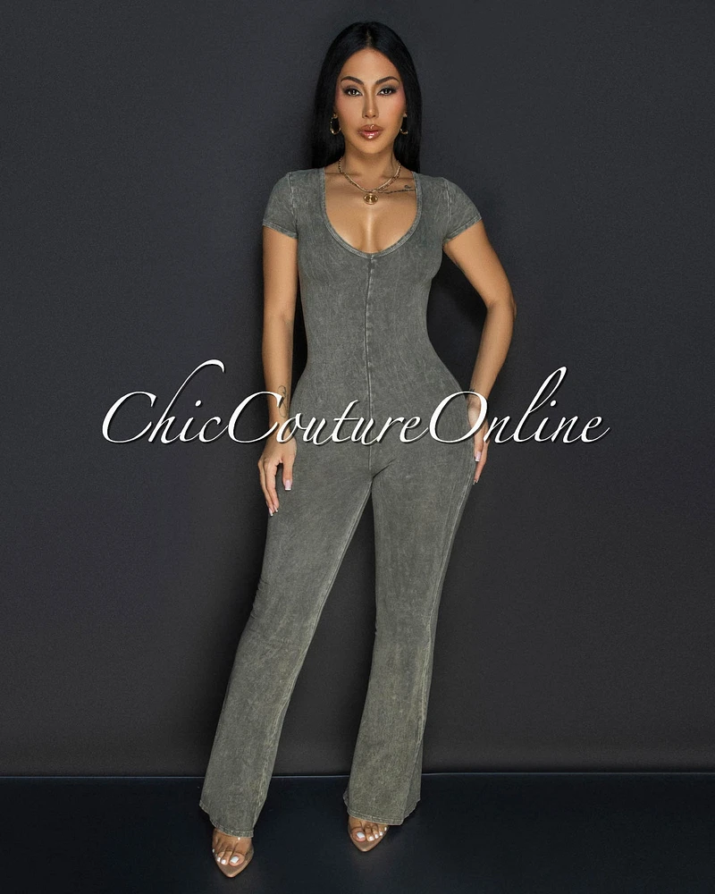 Polina Olive Green Acid Wash Jumpsuit