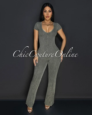 Polina Olive Green Acid Wash Jumpsuit