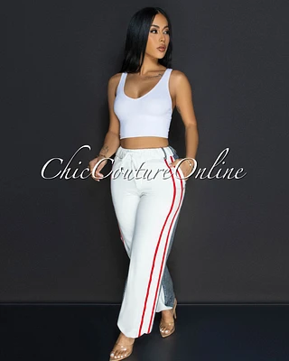 Kino White Red Stripes Denim Joggers Jeans