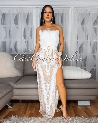 Rachelle White Gold Sequins Feather Bust Bodysuit Maxi Dress