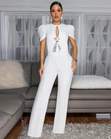 Eleonor Off-White Rhinestones Accent Top & Pants Set
