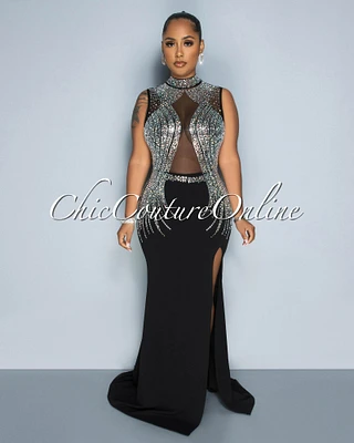 Charlotte Black Mesh Bust Rhinestones Maxi Dress