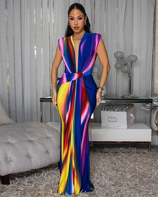Alea Blue Multi-Color Deep V Neck Maxi Dress