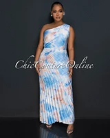 Sabia Blue Nude Pleated Single Shoulder Silky Maxi Dress