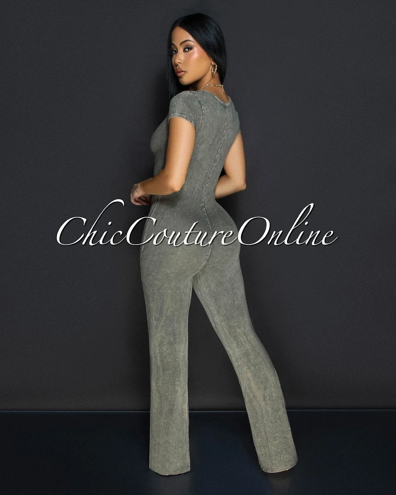 Polina Olive Green Acid Wash Jumpsuit