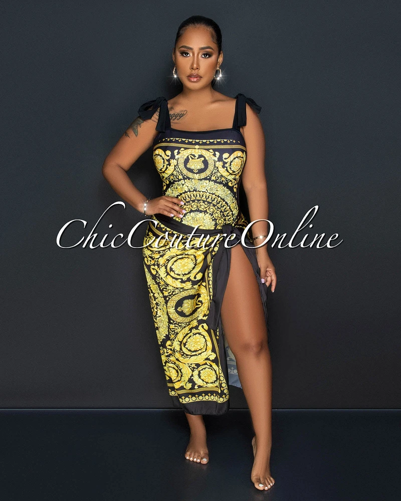 *Dannia Black Gold Damasc Print & Cover Up Swimsuit Set