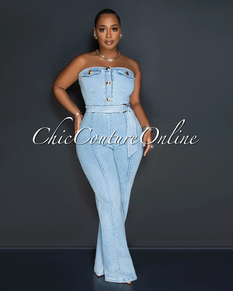 *Jenia Light Denim Gold Buttons Belted Strapless Jumpsuit