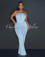 Jenia Light Denim Gold Buttons Belted Strapless Jumpsuit