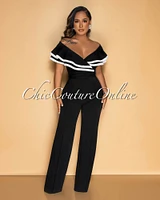 Mara Black White Trim Ruffle Bust Jumpsuit