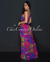 Kimia Green Fuchsia Single Shoulder Twist Maxi Dress