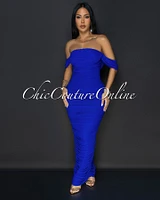 Vella Royal-Blue Mesh Overlay Ruched Off-The Shoulder Dress