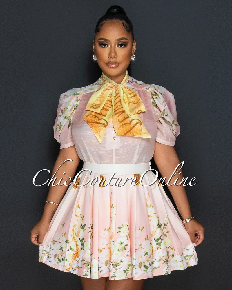 Izolde Peach Floral Buttoned Bow Blouse & Pleated Skirt Set