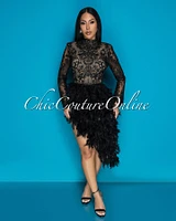 *Cesar Black Nude Illusion Sequins Feathers Hem Dress