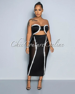 Lexus Black Rhinestones Mesh Crop Top & Maxi Skirt Set