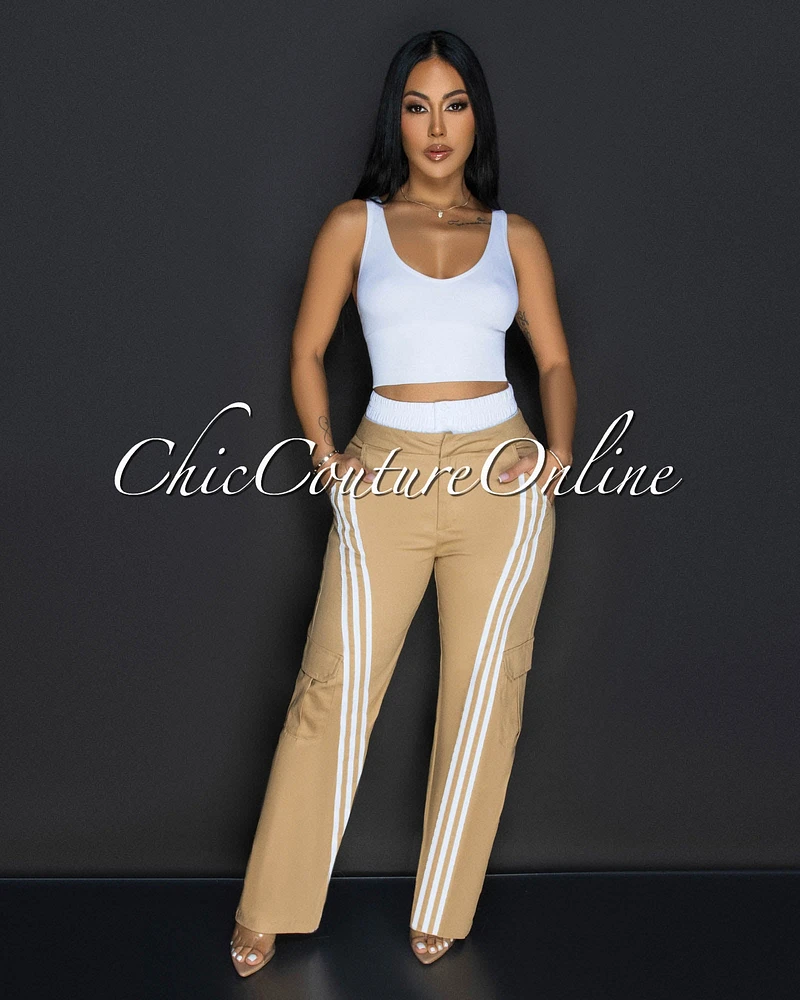 Elliz Khaki White Sporty Cargo Pants