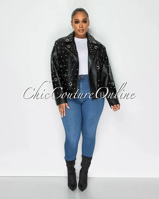 *Kizzie Black Vegan Leather Spikes Oversized Jacket