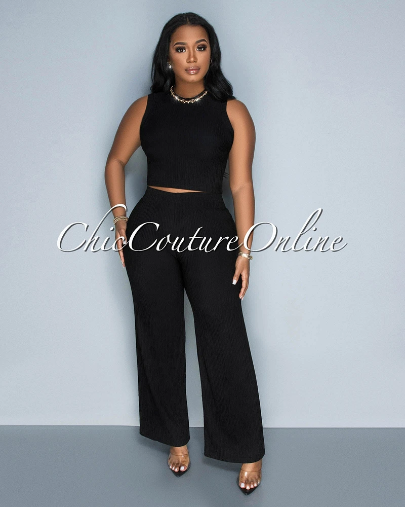 Katye Black Front Crop Top & Wide Pants Textured Set