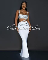 Dezire White Rhinestones Crop Top & Maxi Skirt Set