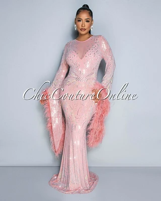 Lessia Rhinestones Feather Sleeves Statement Maxi Dress