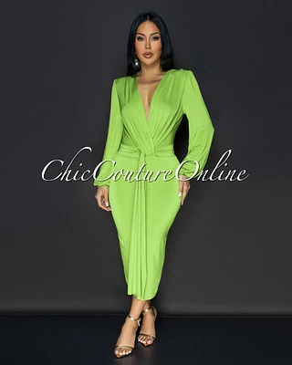 Sabatini Lime Green Knotted Front Midi Dress