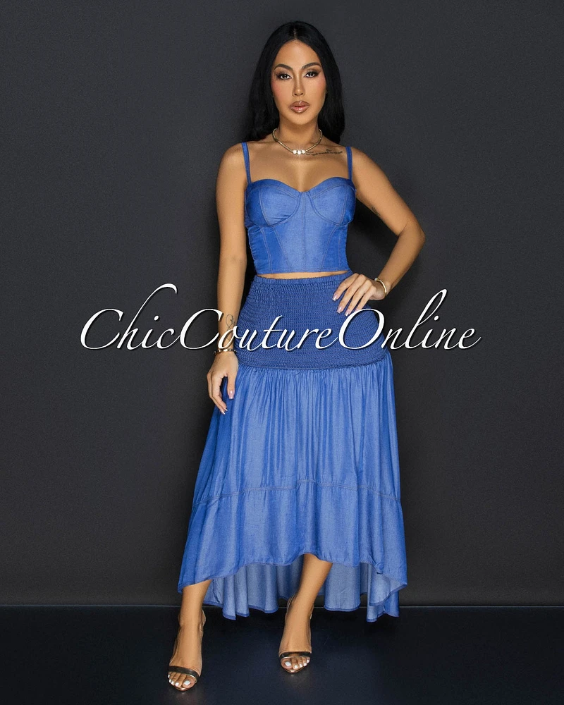 Ordette Denim Blue Bustier Top Skirt Set