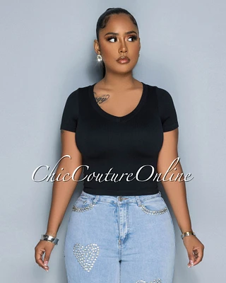 Halsie Black V-Neck Ribbed Crop Top